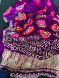 Pure Gajji Silk Fabric Purple And Pink Bandhni Saree With Gota Patti Handwork