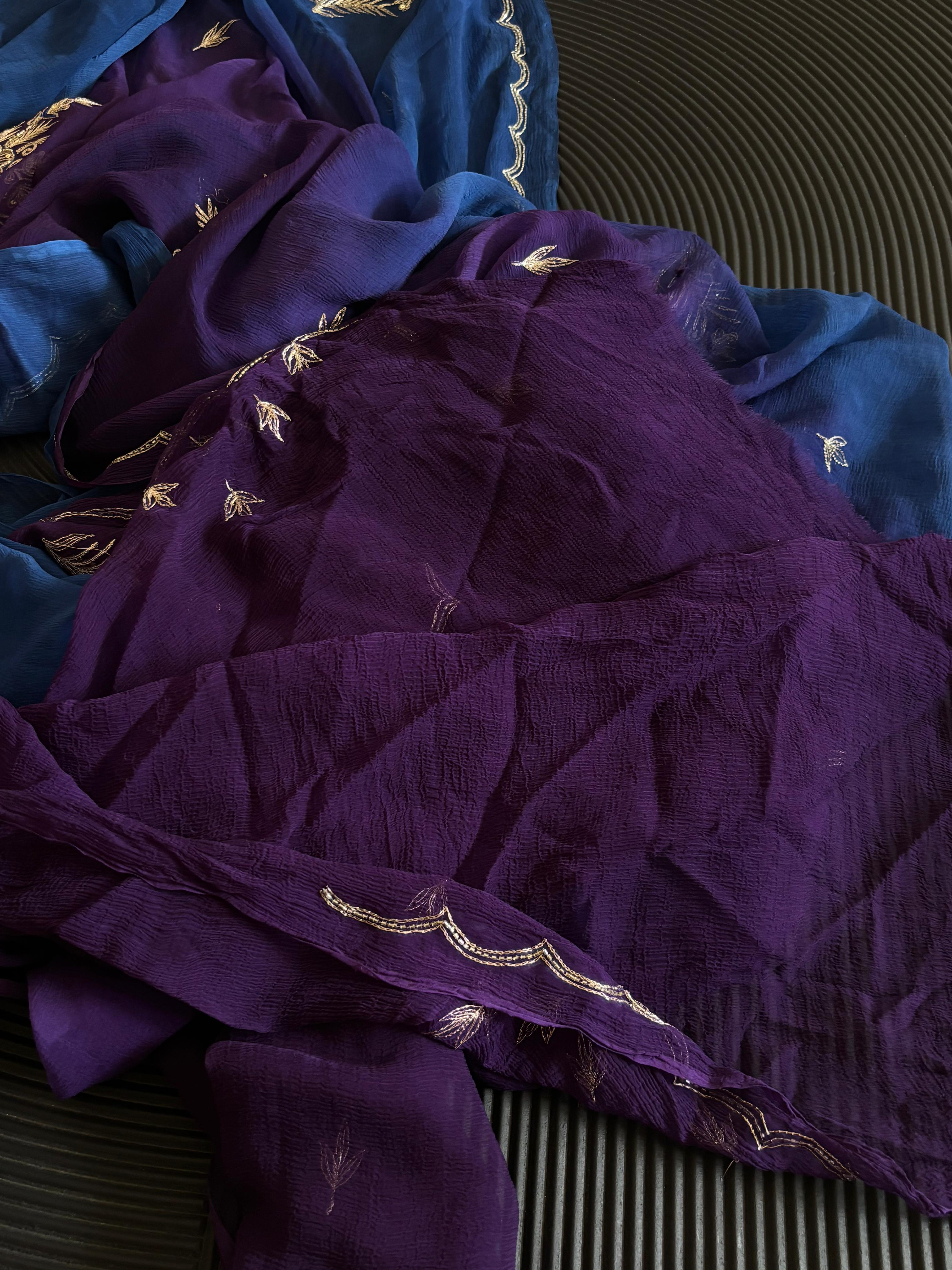 Pure Chiffon Blue and Purple Shaded Saree With Mixed Work