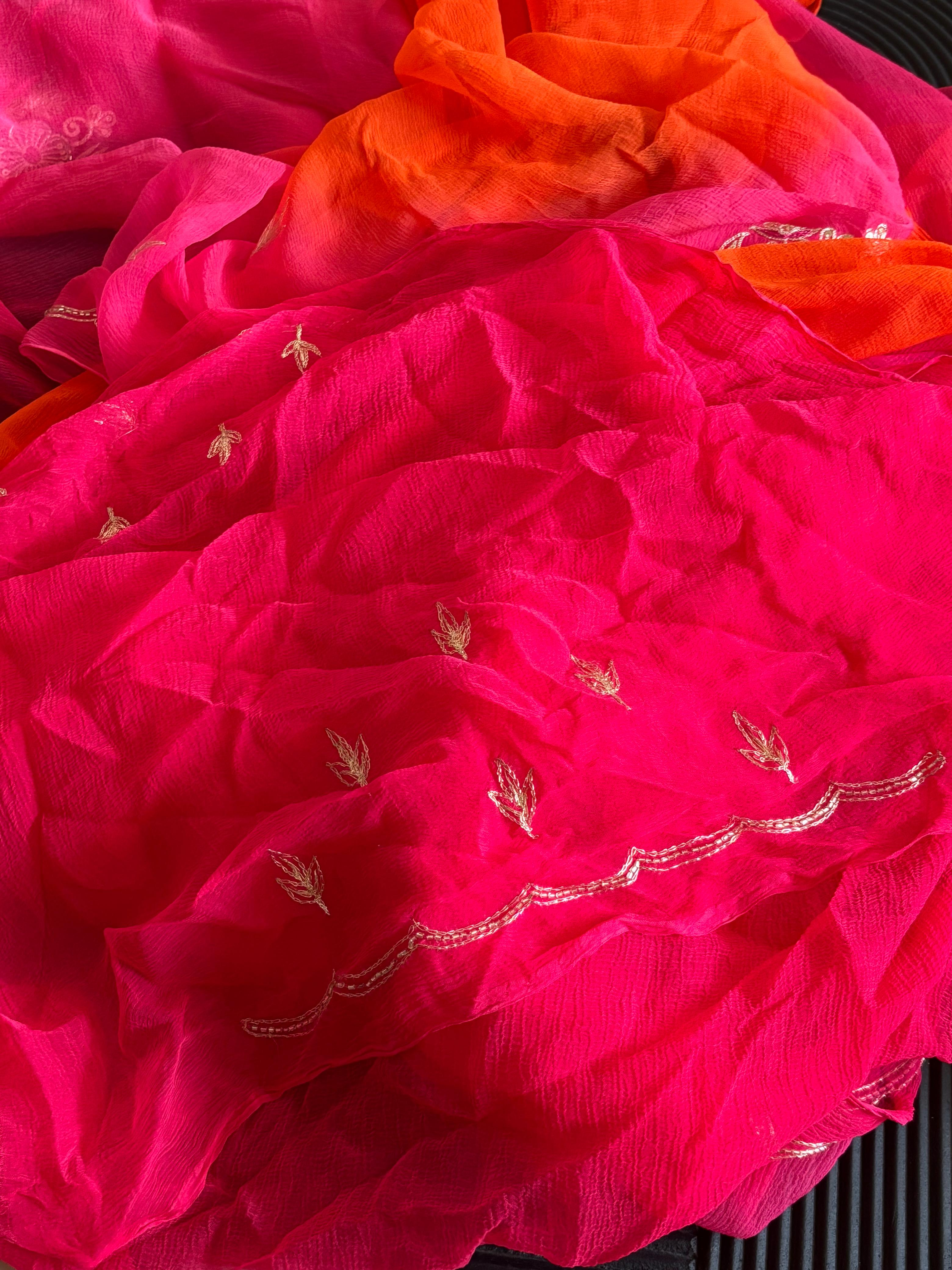 Pure Chiffon Orange And Pink Rajputi  Shaded Saree With Mixed Work