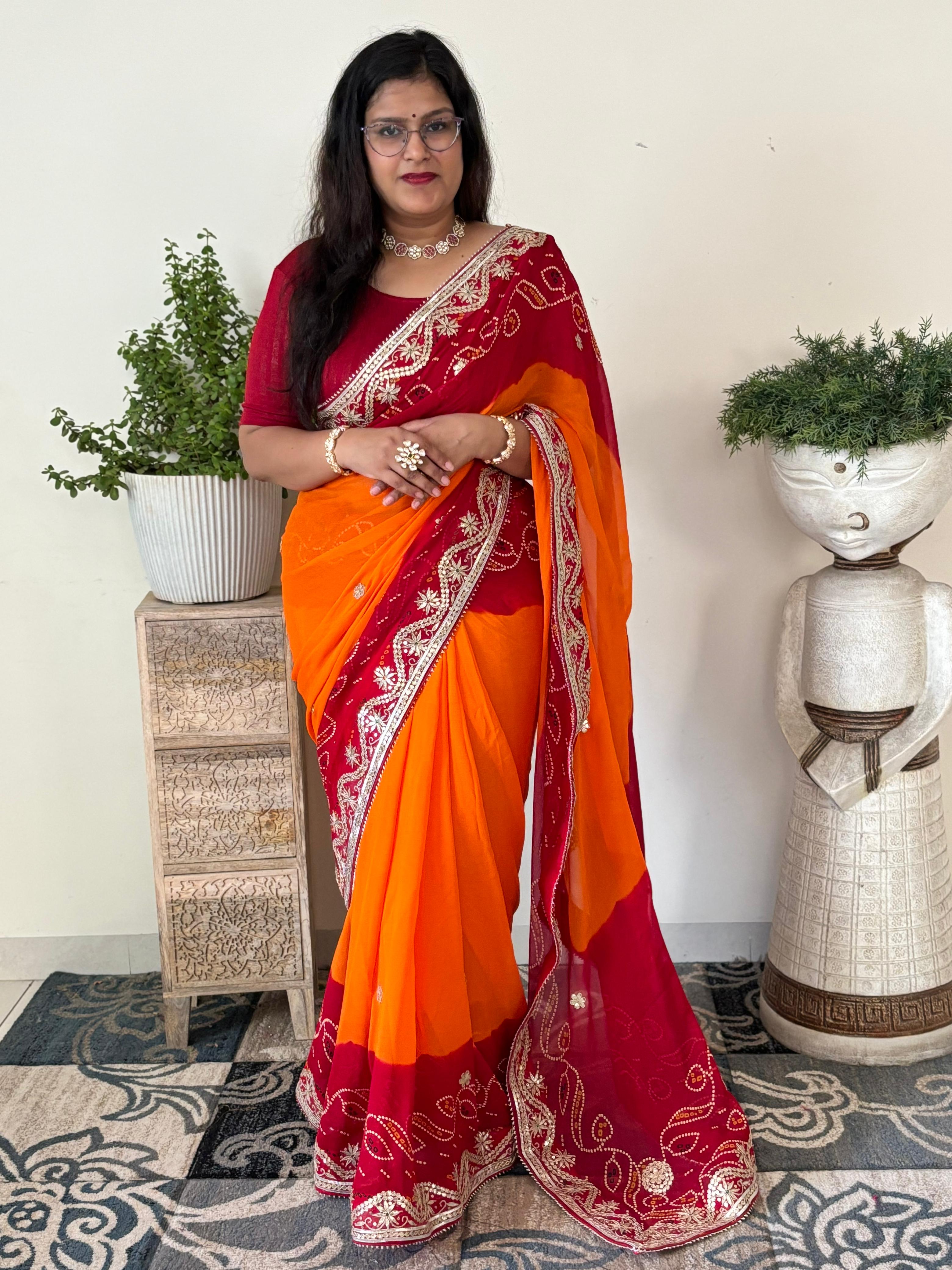 Semi Georgette Fabric Peela Saree With Gota Patti Handwork