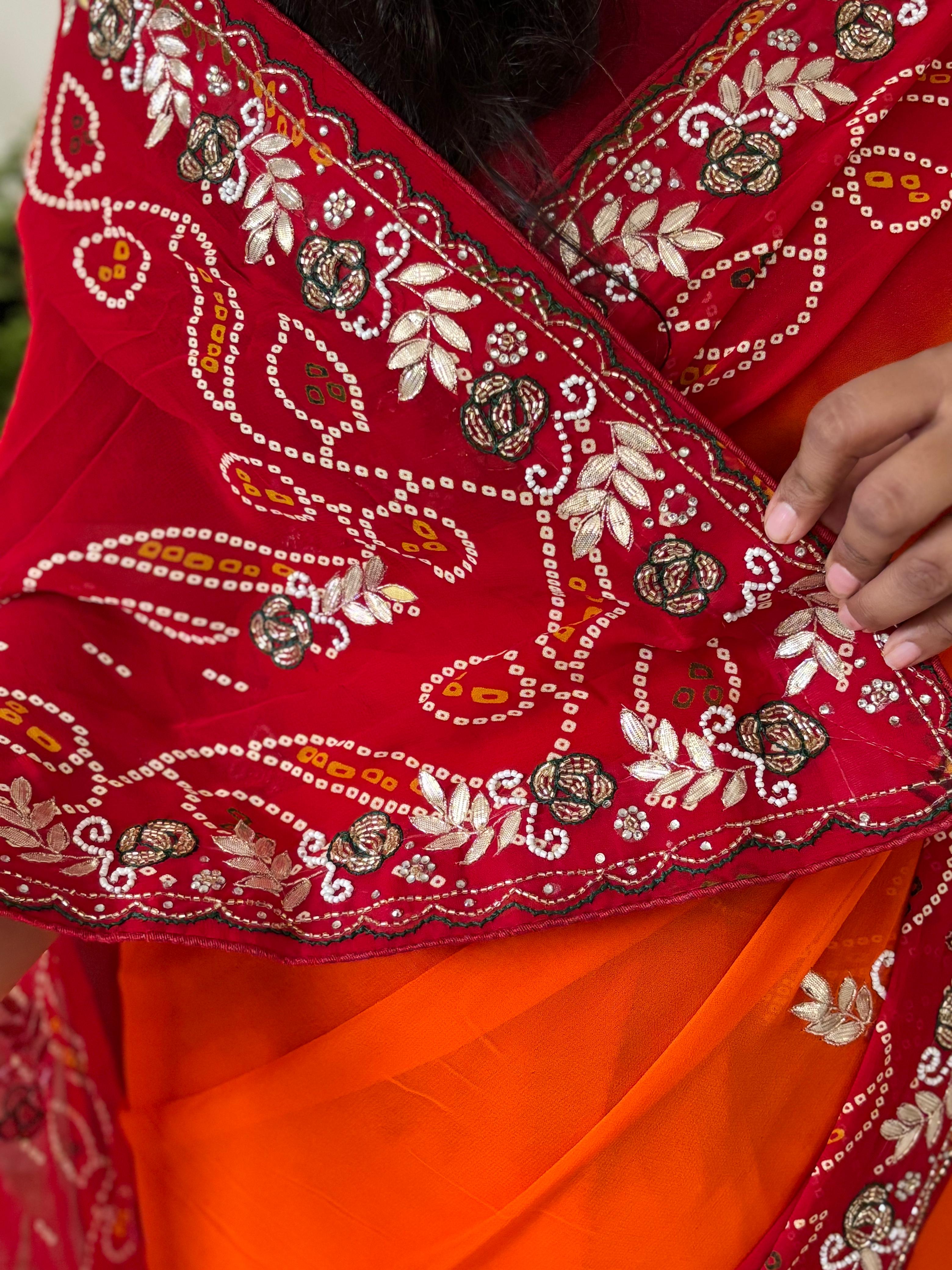 Semi Georgette Fabric Peela Saree With MIxed Handwork