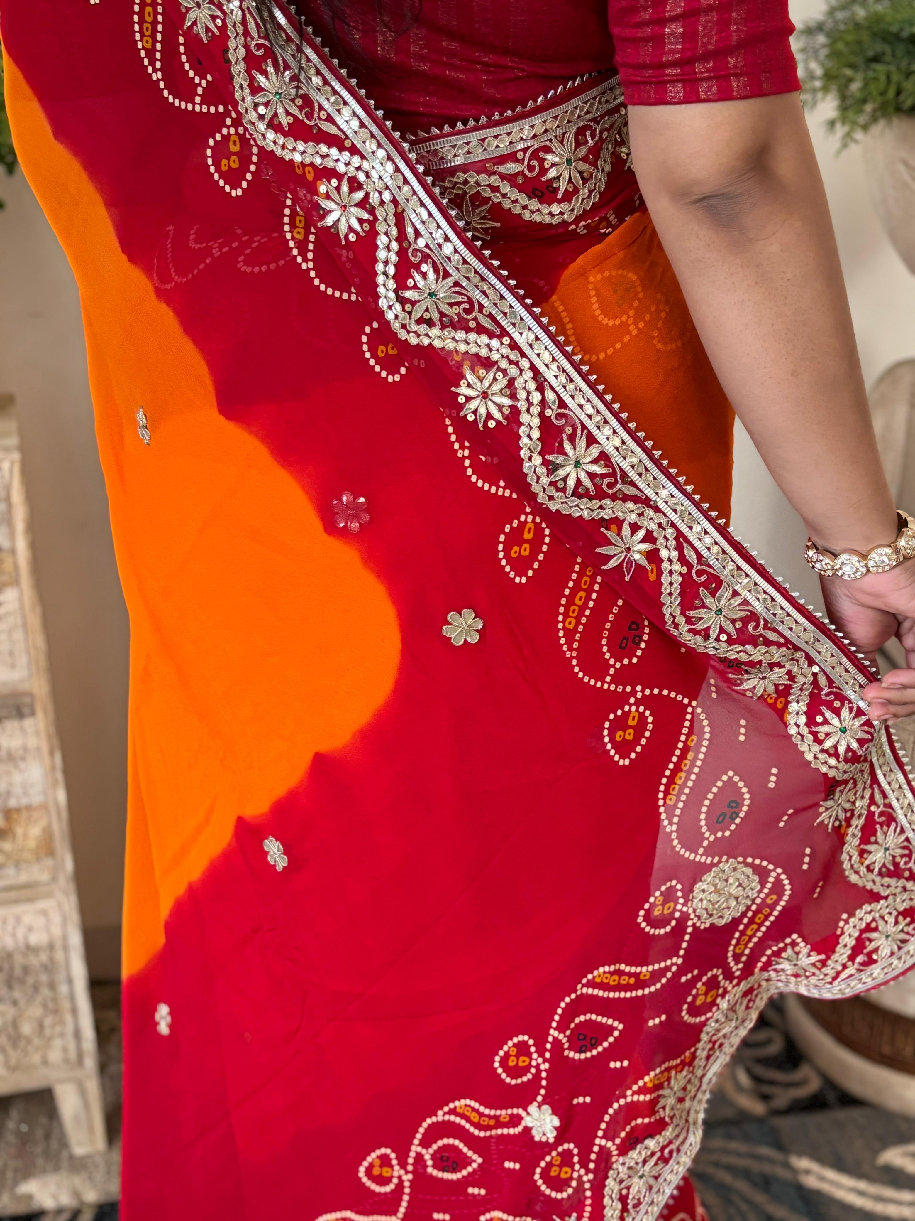 Semi Georgette Fabric Peela Saree With Gota Patti Handwork