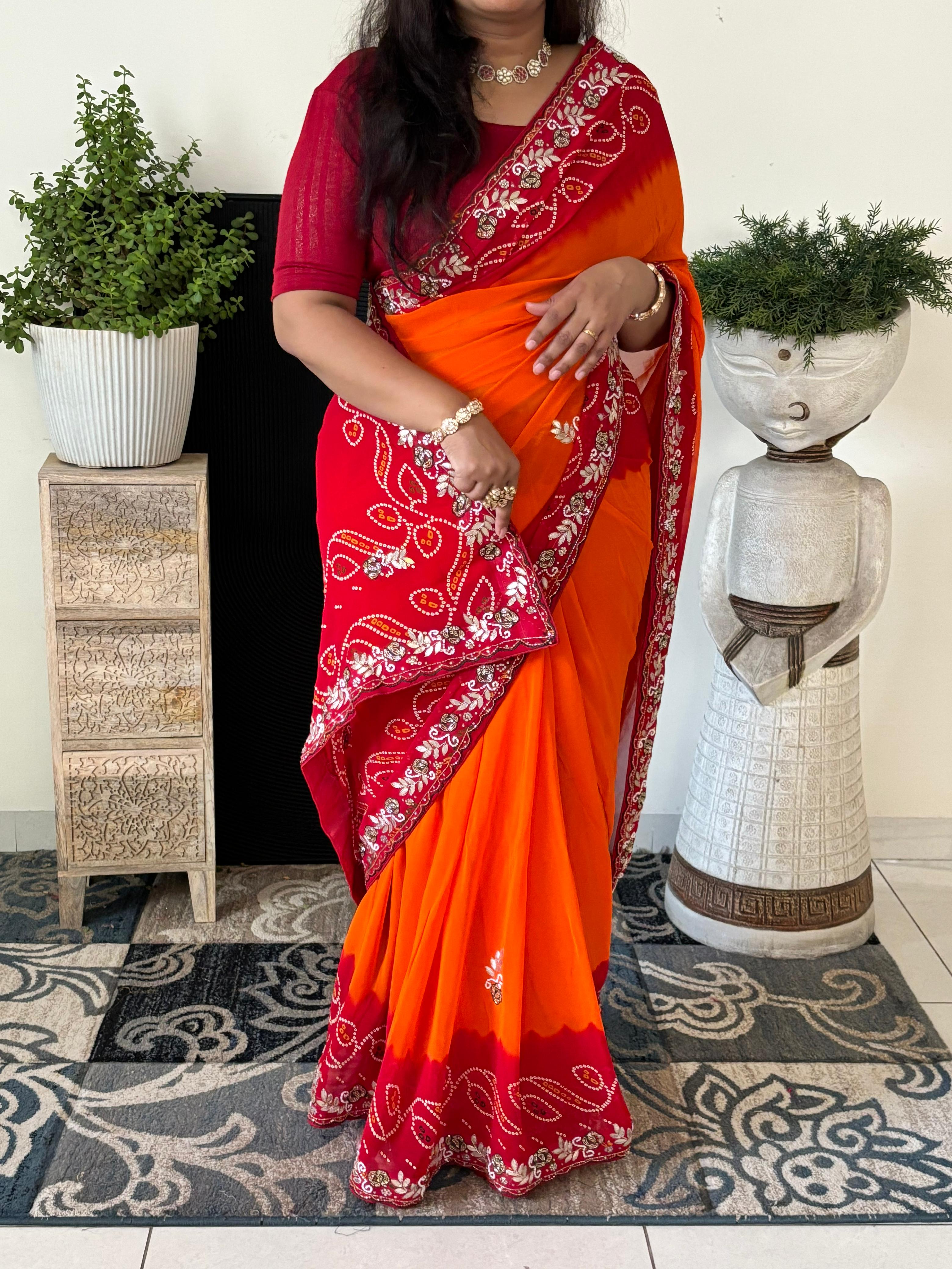 Semi Georgette Fabric Peela Saree With MIxed Handwork