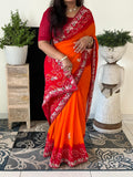 Semi Georgette Fabric Peela Saree With MIxed Handwork