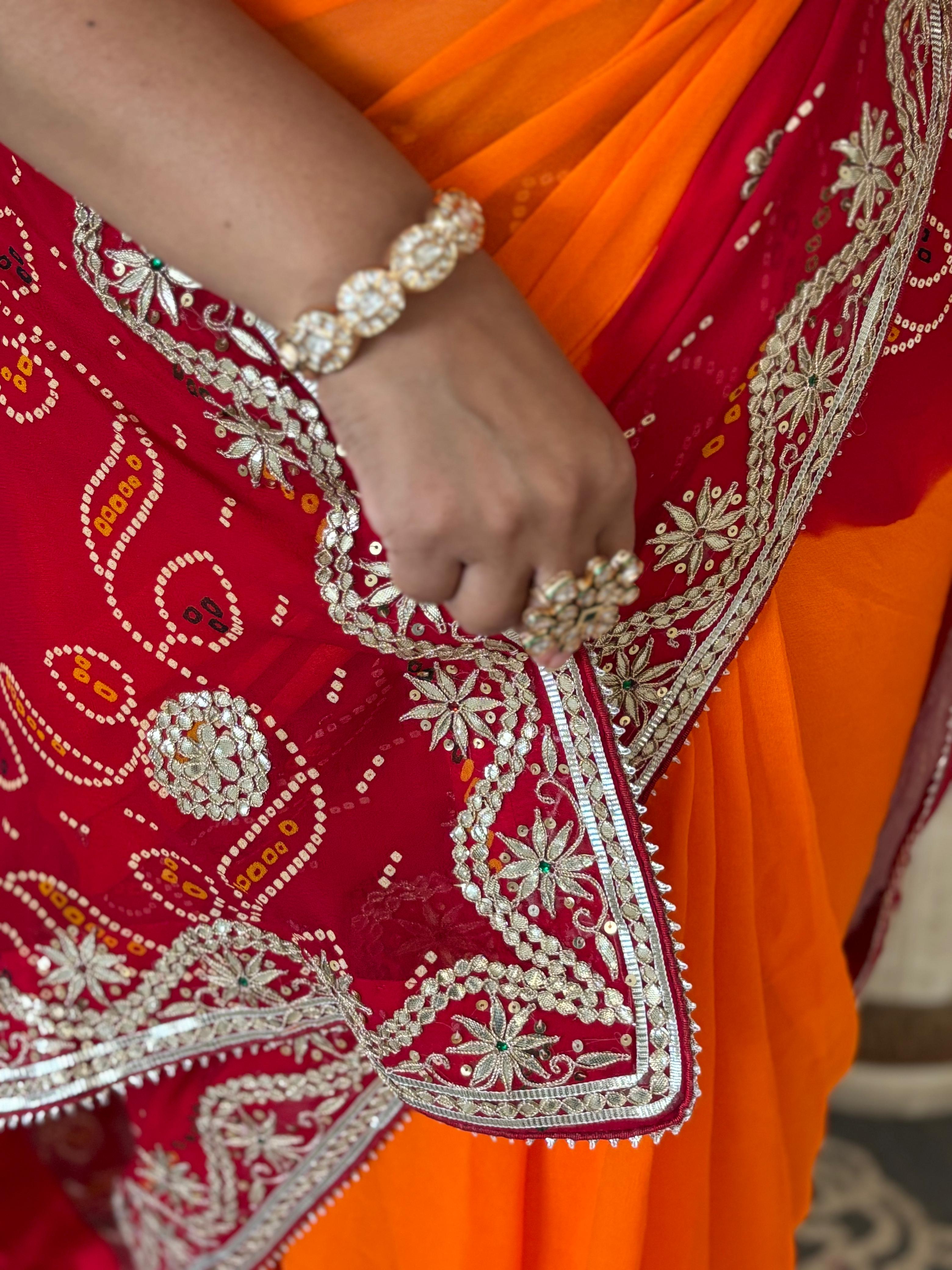 Semi Georgette Fabric Peela Saree With Gota Patti Handwork