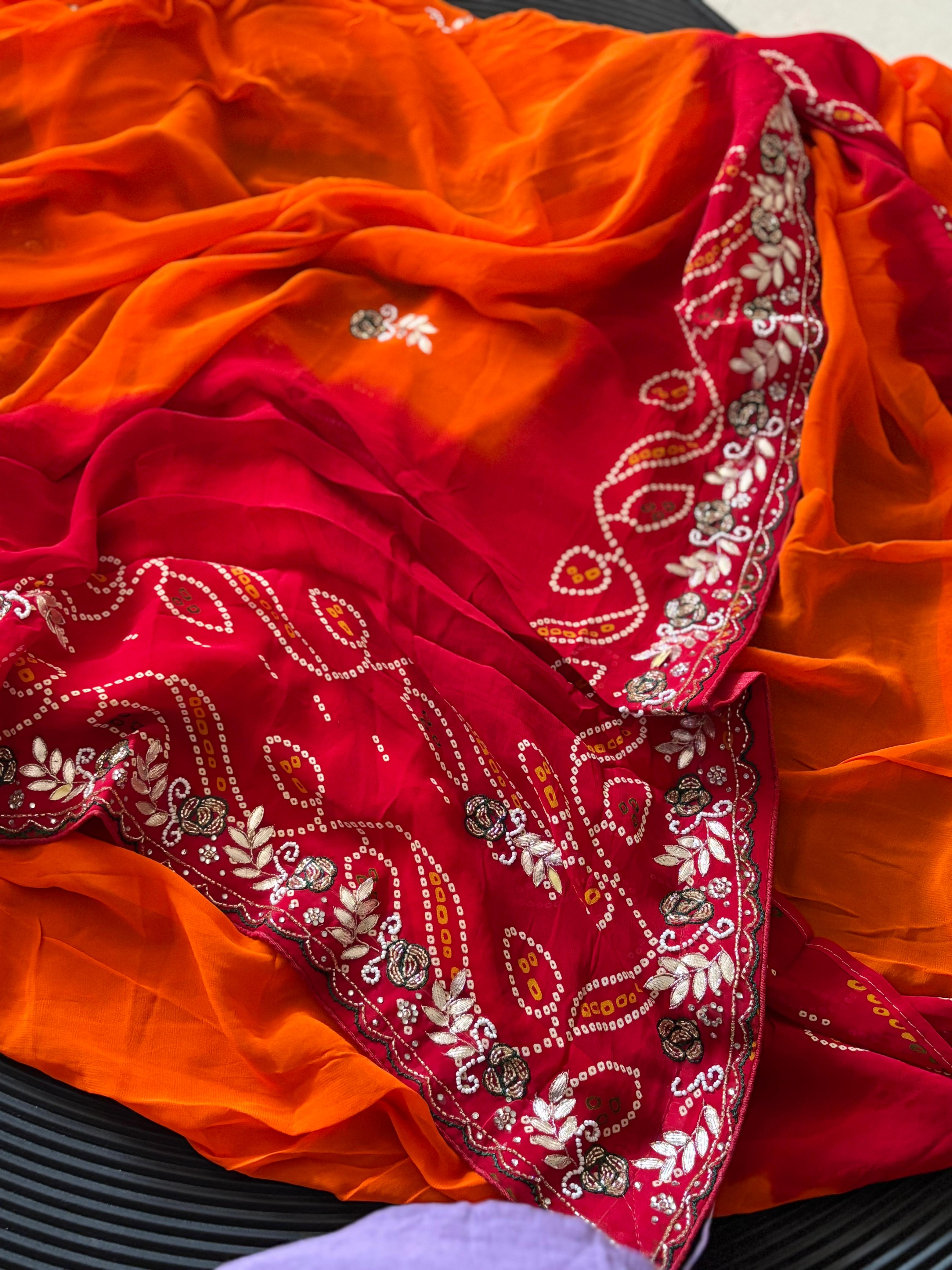 Semi Georgette Fabric Peela Saree With MIxed Handwork