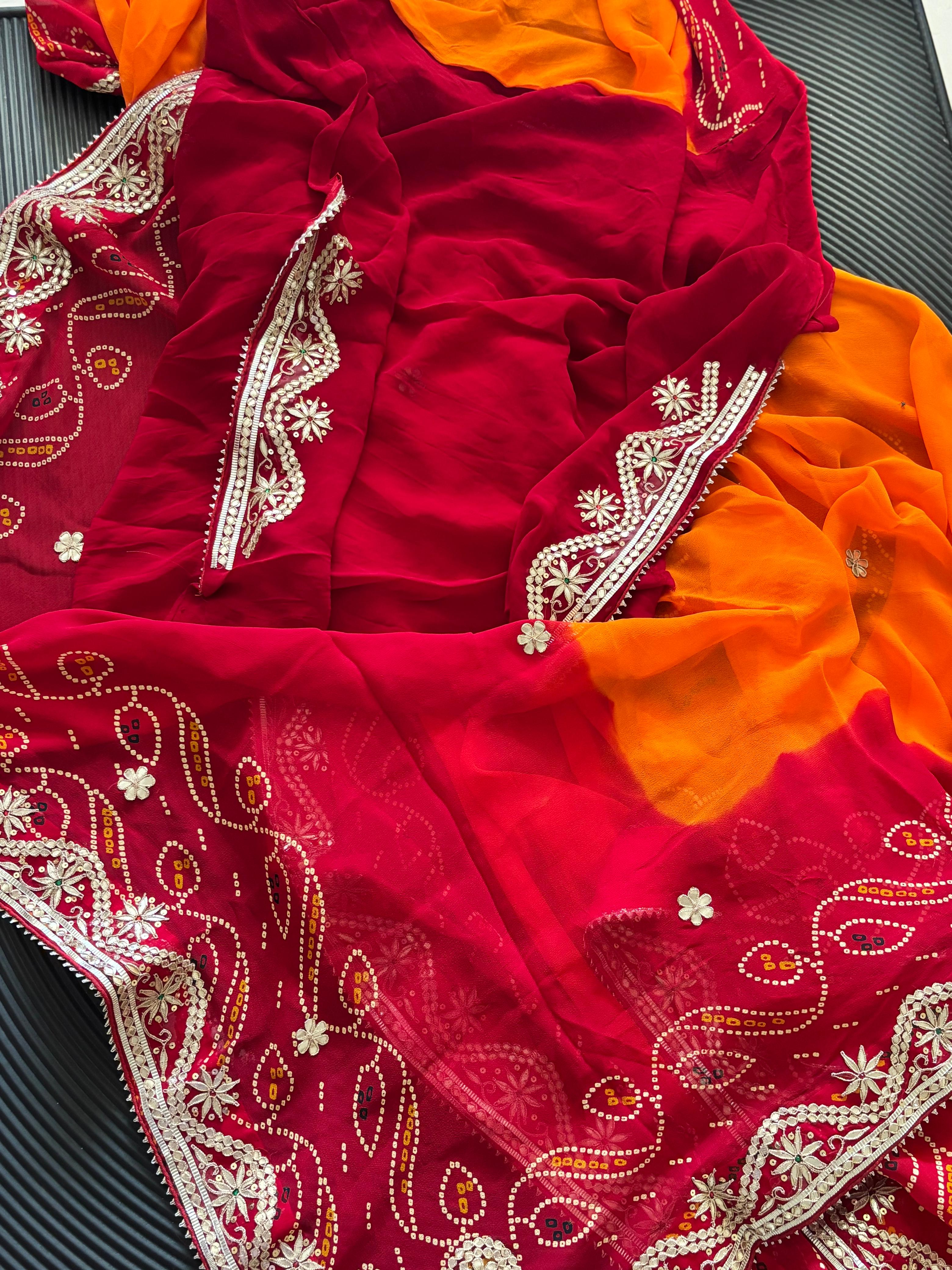 Semi Georgette Fabric Peela Saree With Gota Patti Handwork