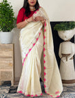 Pure Tissue Silk Fabric Ivory Shade Saree With Pink Mothda Border And Gota Patti Handwork