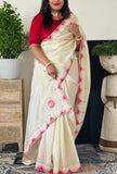 Pure Tissue Silk Fabric Ivory Shade Saree With Pink Mothda Border And Gota Patti Handwork