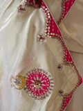 Pure Tissue Silk Fabric Ivory Shade Saree With Pink Mothda Border And Gota Patti Handwork