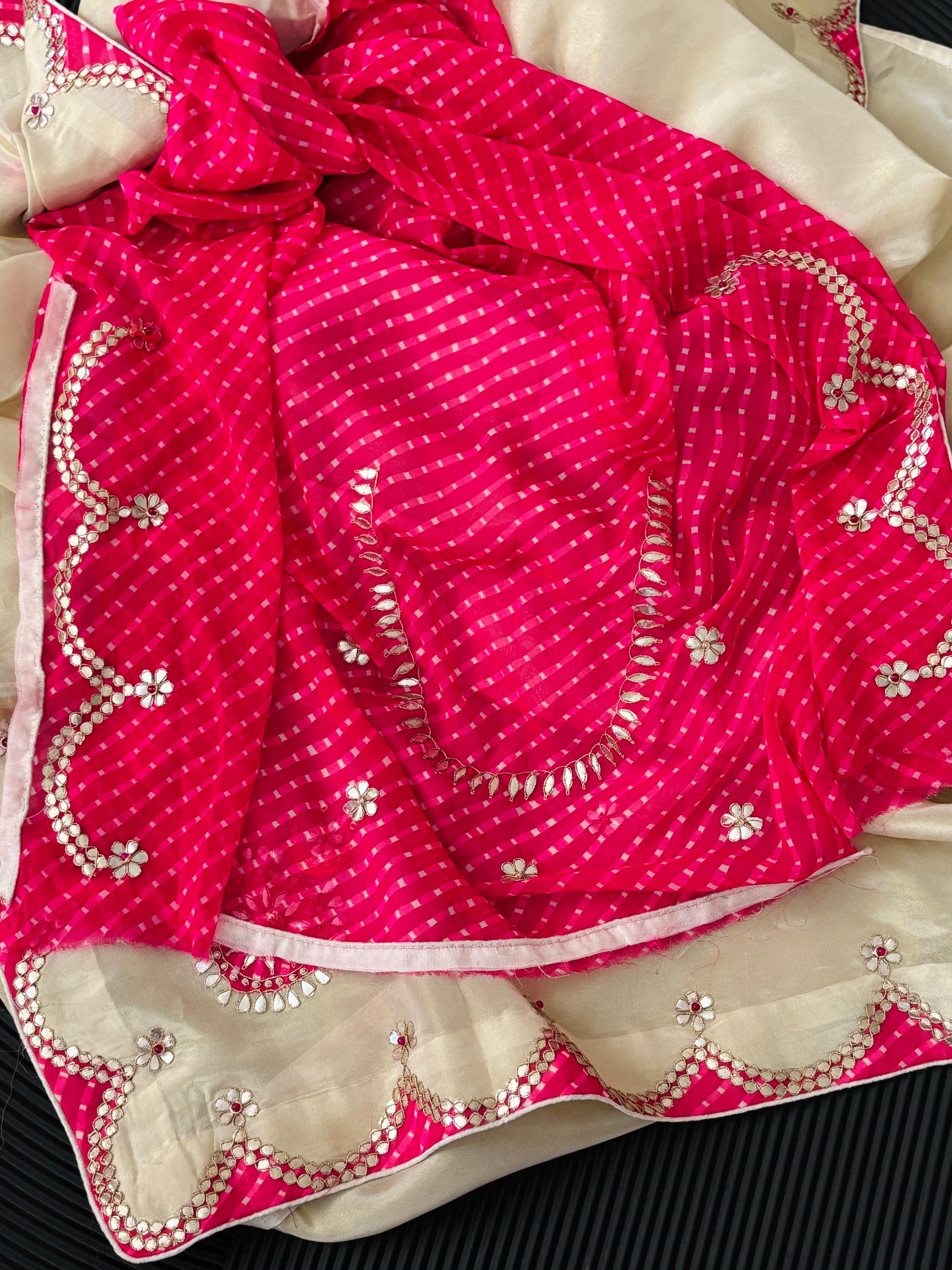 Pure Tissue Silk Fabric Ivory Shade Saree With Pink Mothda Border And Gota Patti Handwork
