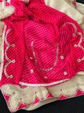 Pure Tissue Silk Fabric Ivory Shade Saree With Pink Mothda Border And Gota Patti Handwork