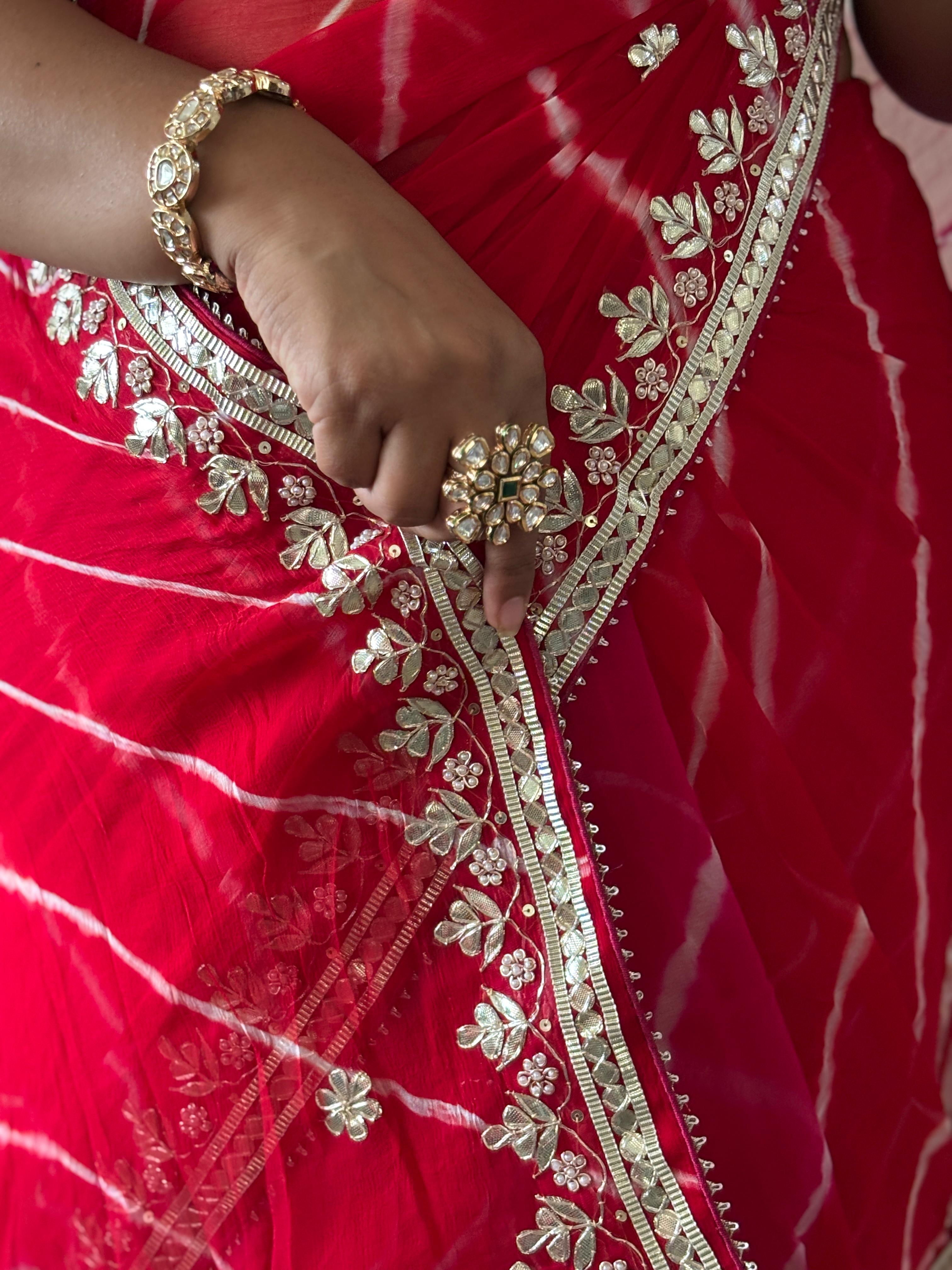 Pure Chiffon Fabric Red Pink Shaded Leheriya Saree With Gota Patti Handwork