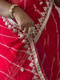 Pure Chiffon Fabric Red Pink Shaded Leheriya Saree With Gota Patti Handwork