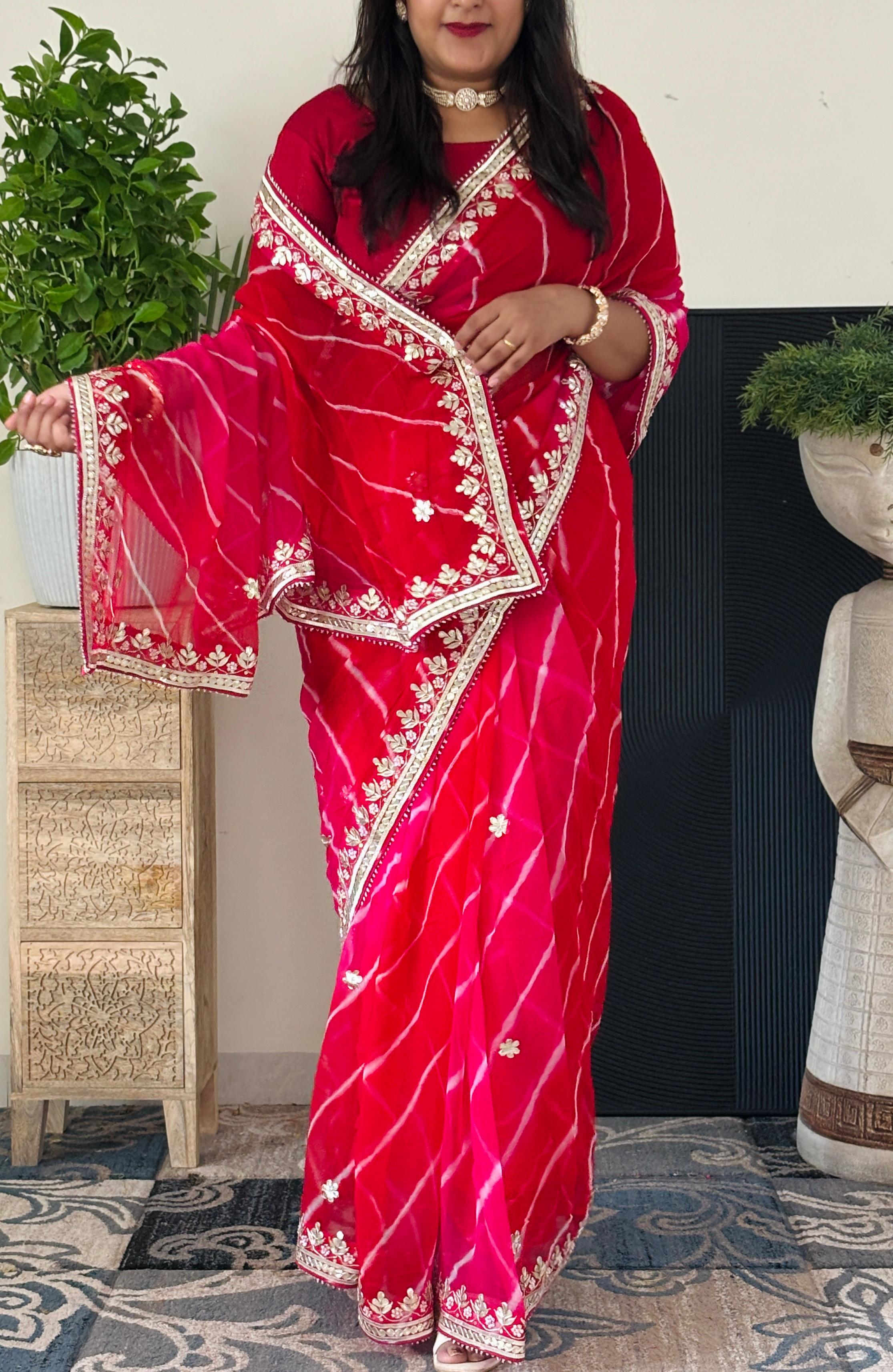Pure Chiffon Fabric Red Pink Shaded Leheriya Saree With Gota Patti Handwork