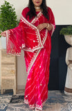 Pure Chiffon Fabric Red Pink Shaded Leheriya Saree With Gota Patti Handwork