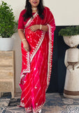 Pure Chiffon Fabric Red Pink Shaded Leheriya Saree With Gota Patti Handwork