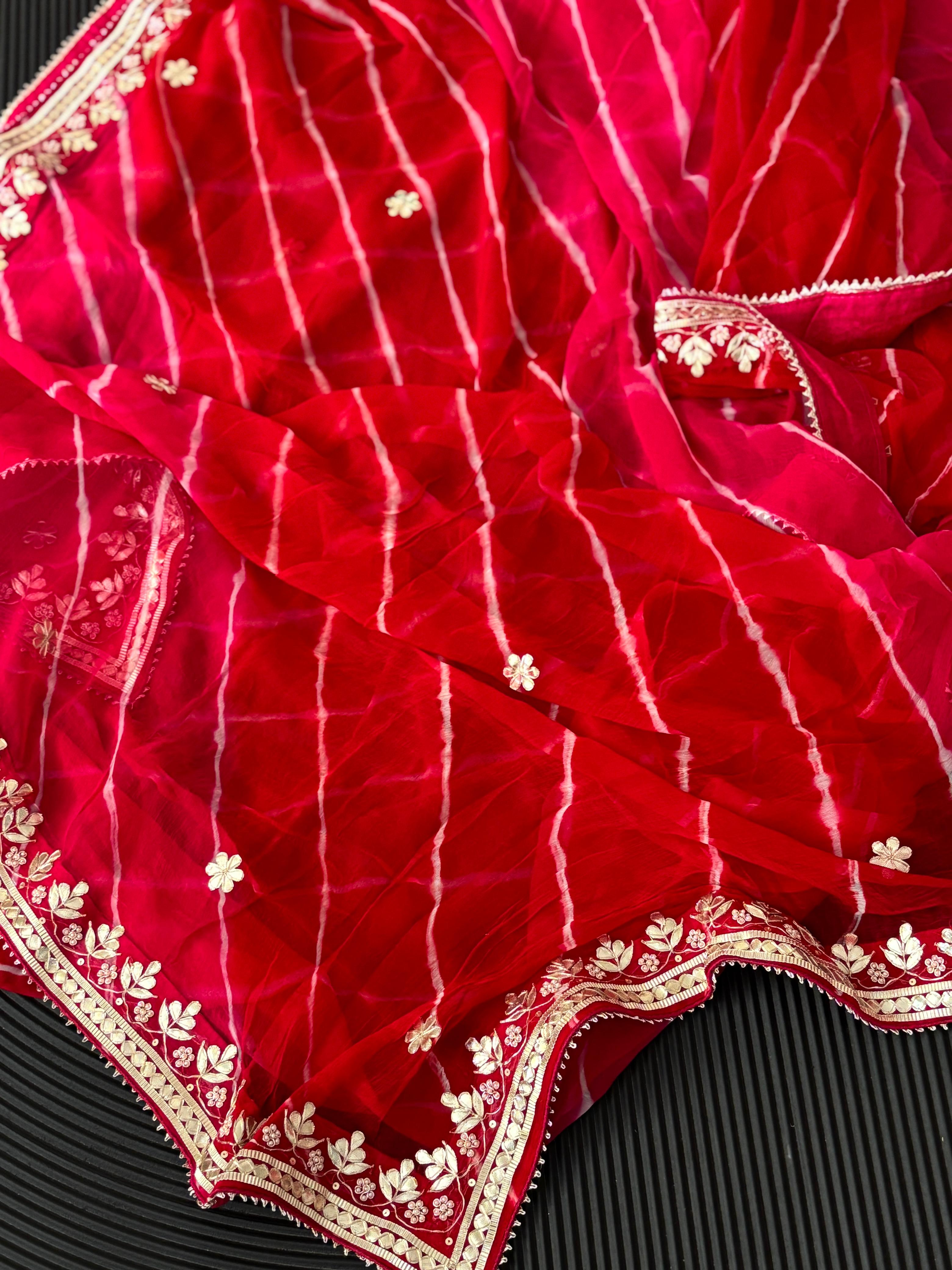 Pure Chiffon Fabric Red Pink Shaded Leheriya Saree With Gota Patti Handwork