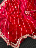 Pure Chiffon Fabric Red Pink Shaded Leheriya Saree With Gota Patti Handwork