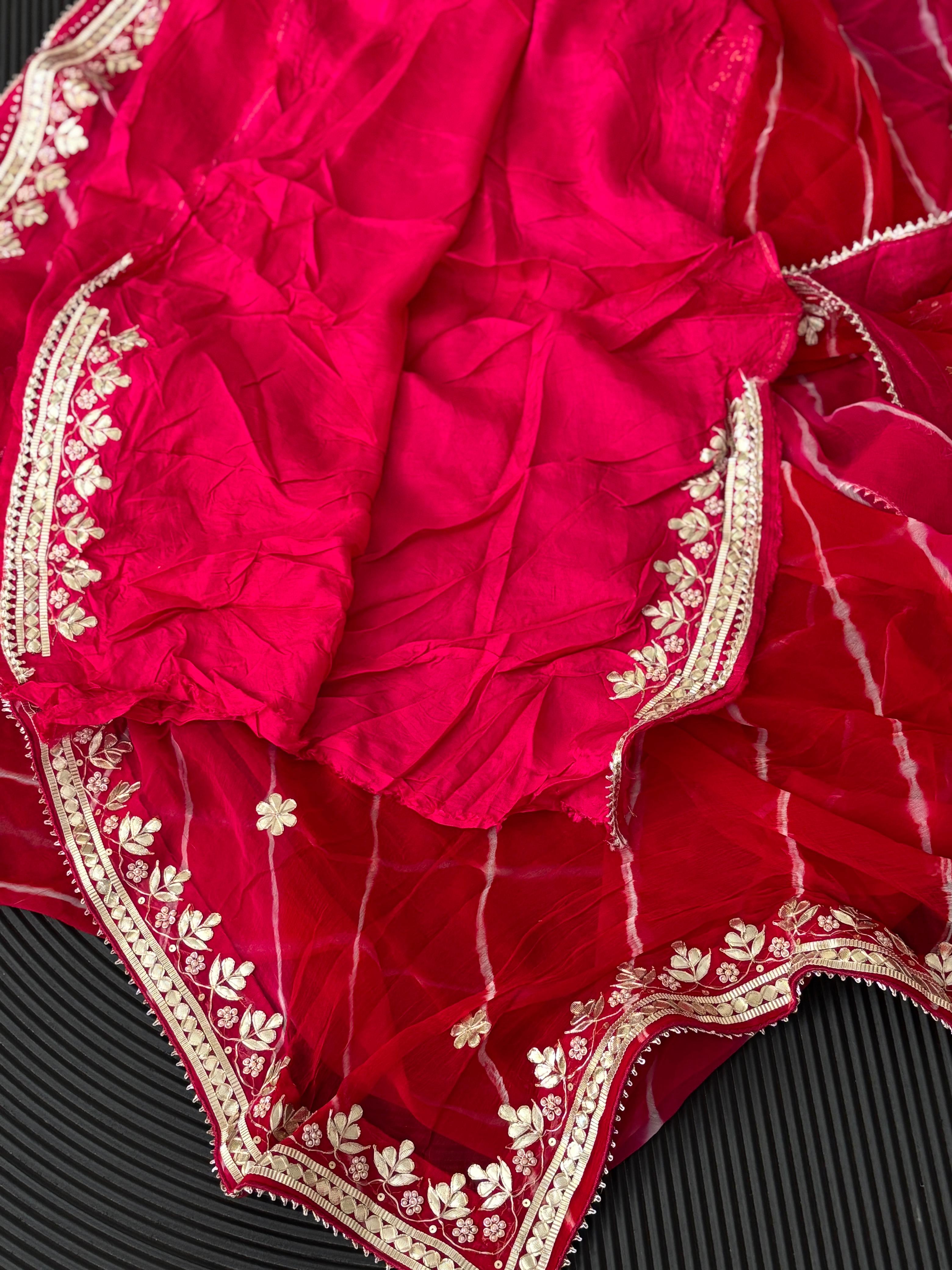Pure Chiffon Fabric Red Pink Shaded Leheriya Saree With Gota Patti Handwork