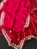 Pure Chiffon Fabric Red Pink Shaded Leheriya Saree With Gota Patti Handwork