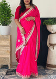 Semi Georgette Fabric Pink Mothda Saree With Gotta Patti Handwork