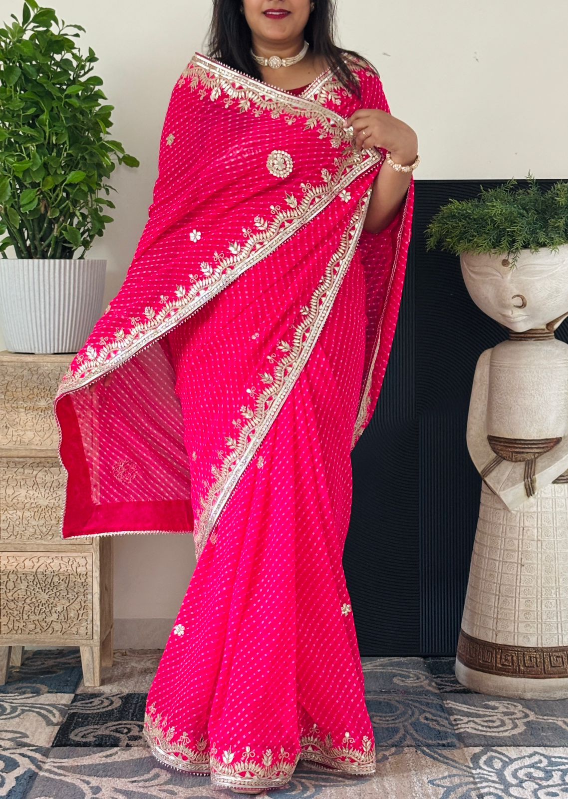 Semi Georgette Fabric Pink Mothda Saree With Gotta Patti Handwork