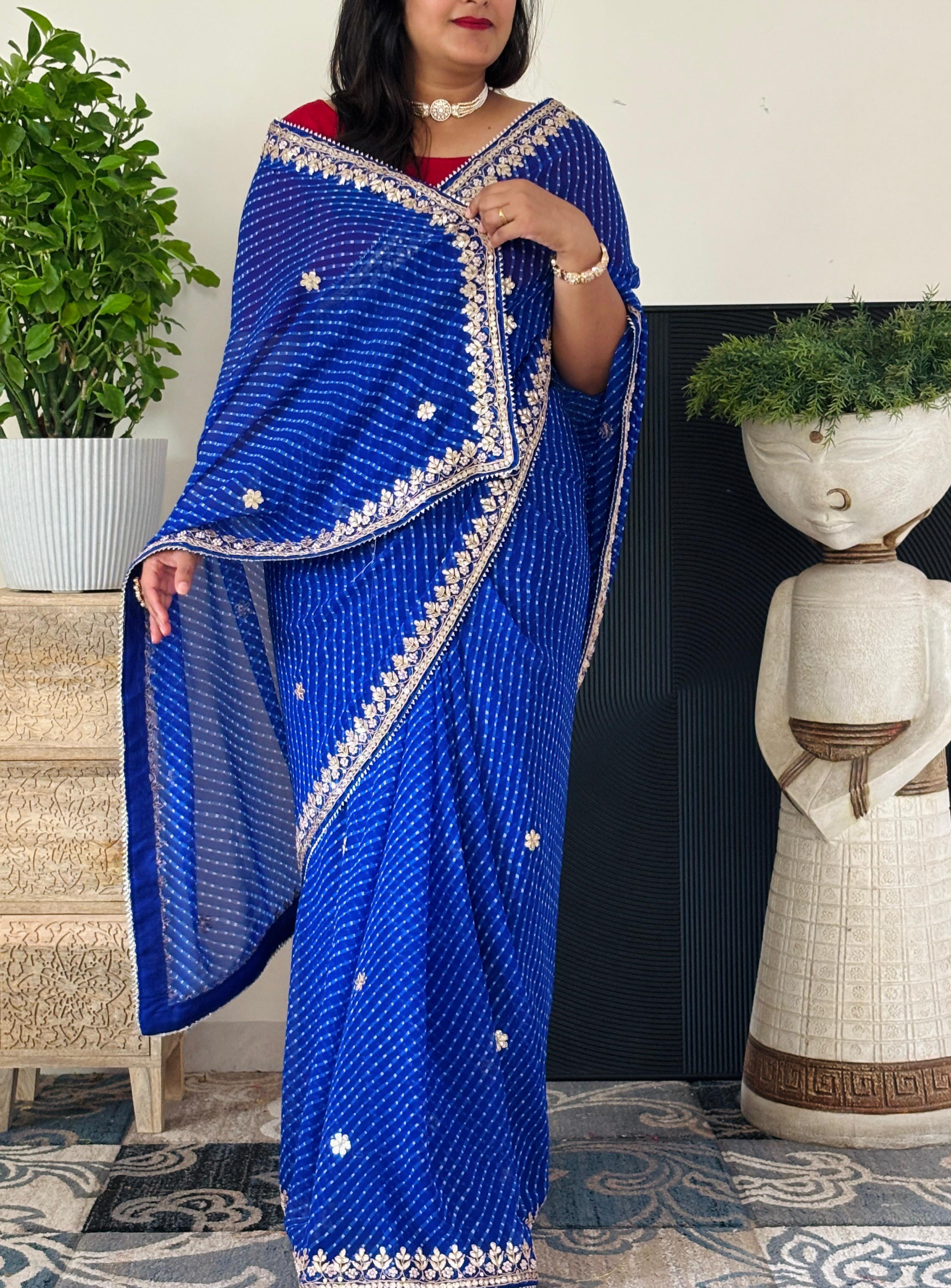 Semi Georgette Fabric Blue Mothda saree With Gota Patti Handwork