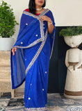 Semi Georgette Fabric Blue Mothda saree With Gota Patti Handwork