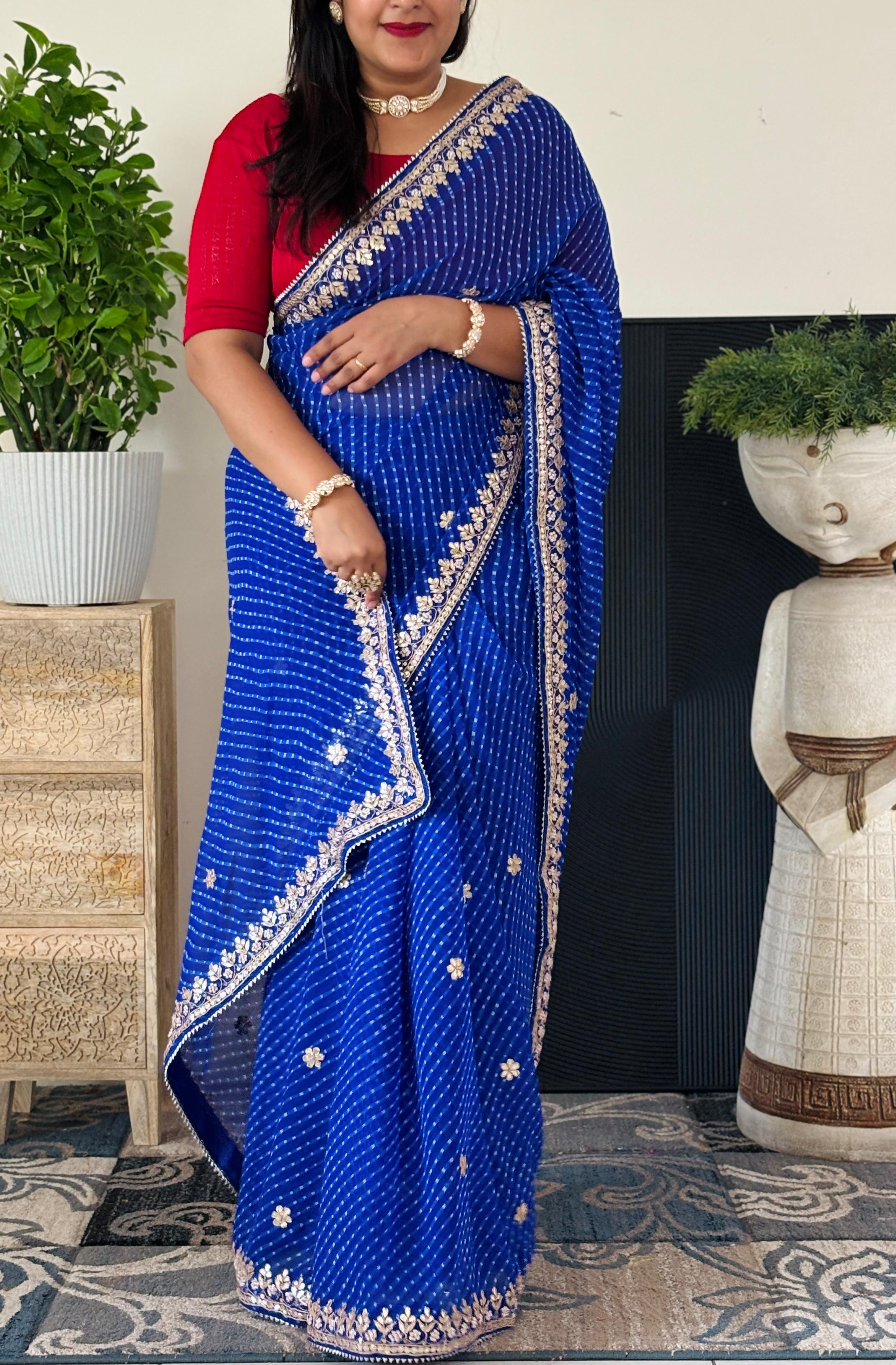 Semi Georgette Fabric Blue Mothda saree With Gota Patti Handwork