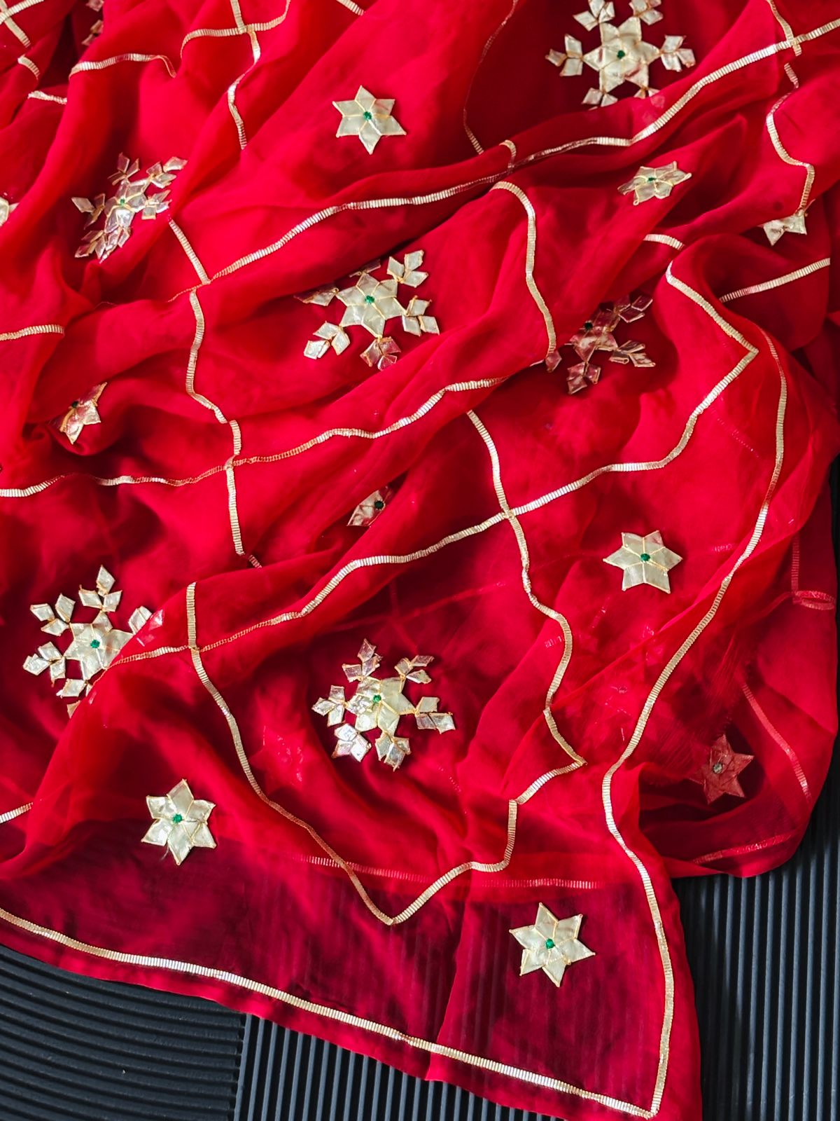 Pure Chiffon Fabric Firozi Colour Saree With Charkhi And Sachcha Gota Jaal work