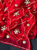 Pure Chiffon Fabric Firozi Colour Saree With Charkhi And Sachcha Gota Jaal work