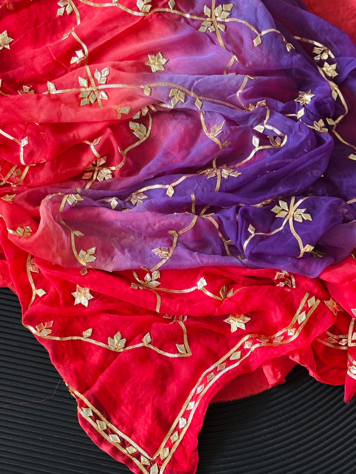 Pure Chiffon Fabric Purple Shade Saree With Charkhi And Sachcha Gota Jaal Work