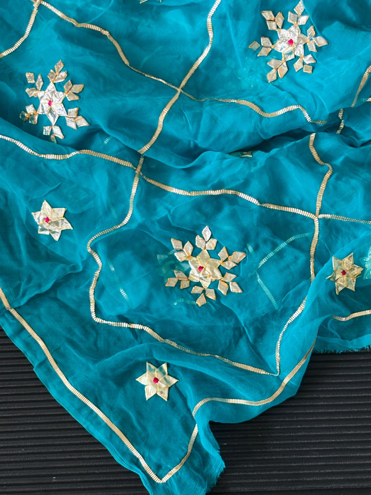 Pure Chiffon Fabric Firozi Colour Saree With Charkhi And Sachcha Gota Jaal work