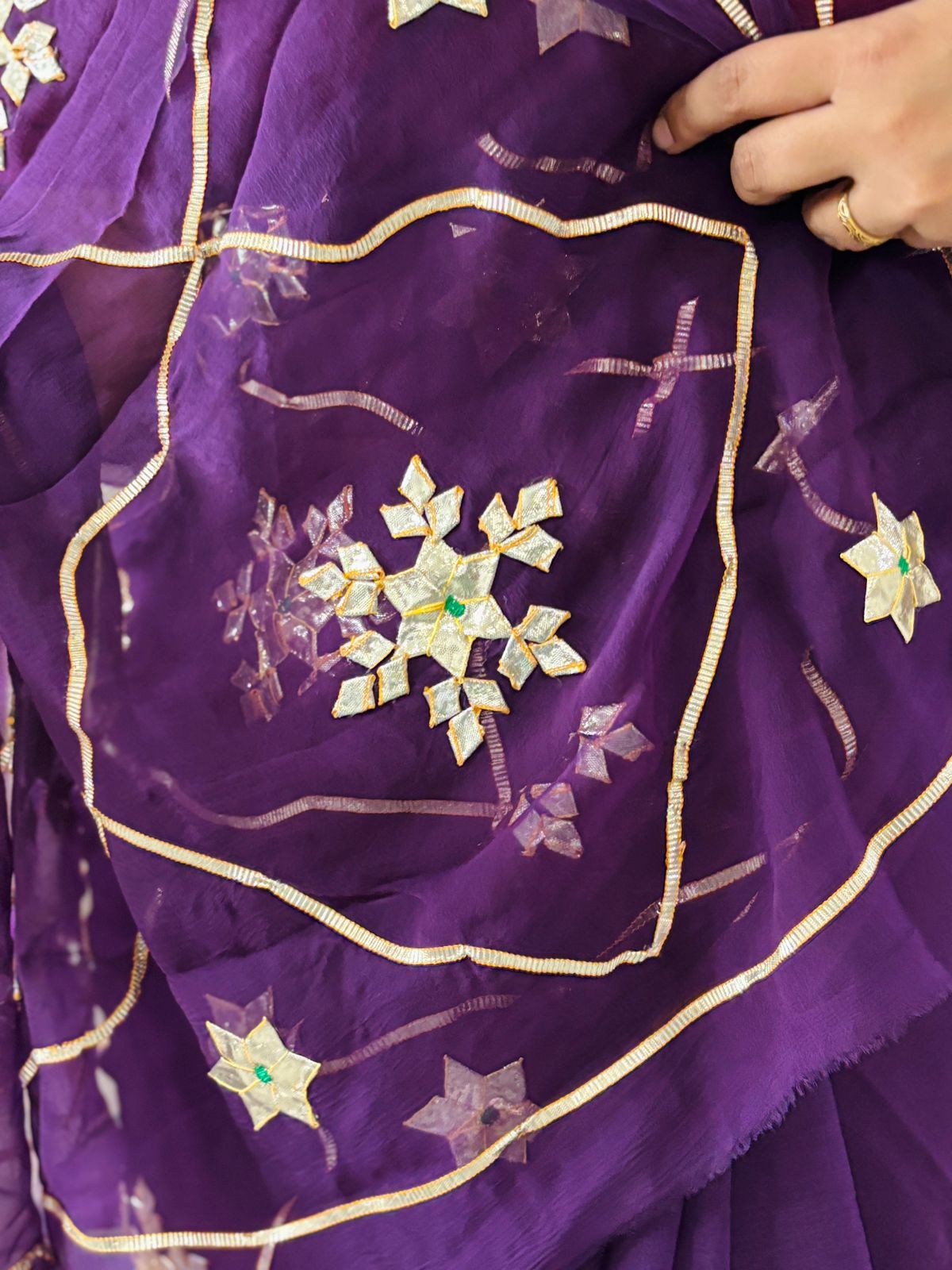 Pure Chiffon Fabric Firozi Colour Saree With Charkhi And Sachcha Gota Jaal work
