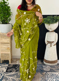 Pure Chiffon Fabric Green Chrkhi Gota And Sachcha Gota Jaal Work Saree