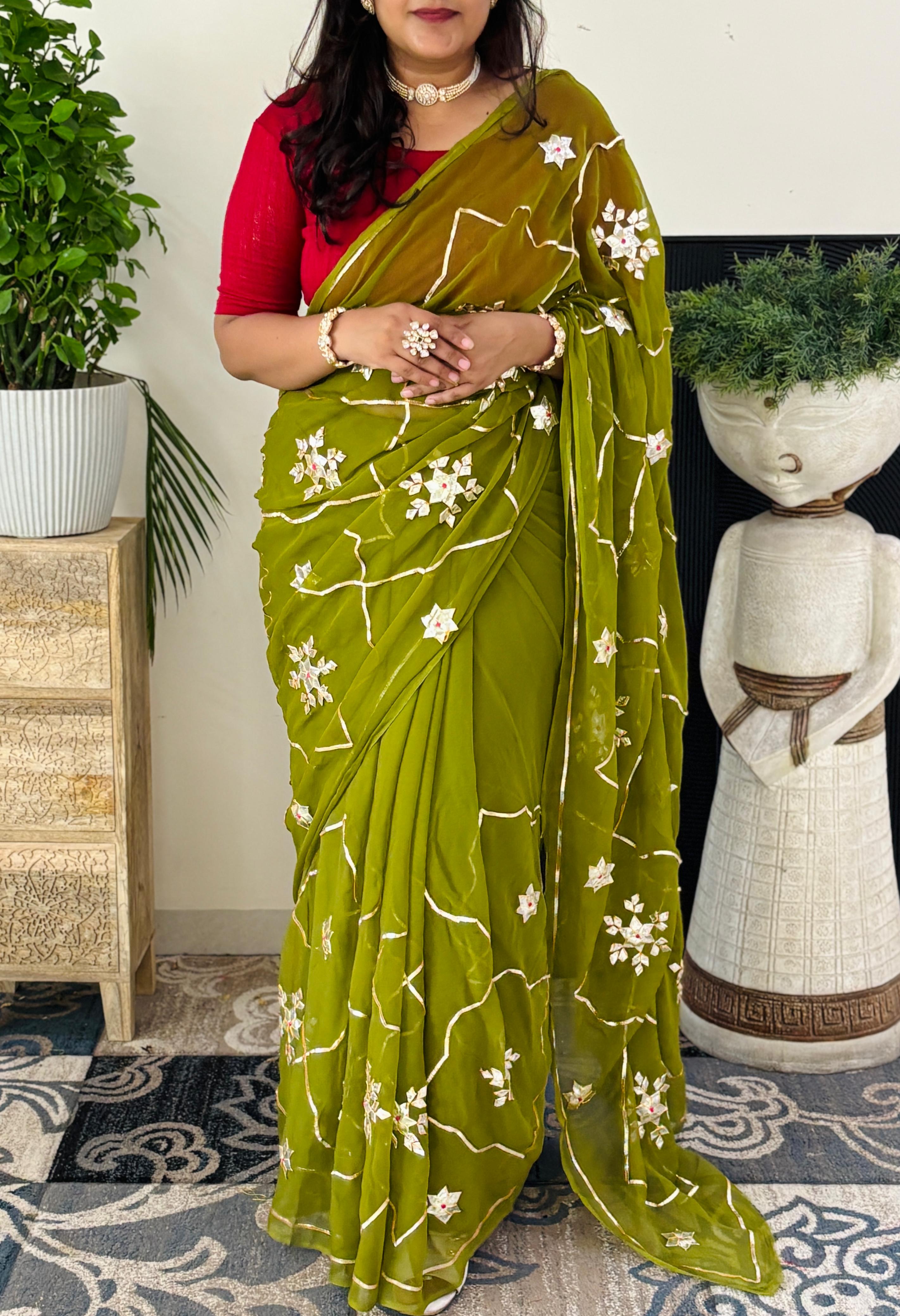 Pure Chiffon Fabric Green Chrkhi Gota And Sachcha Gota Jaal Work Saree