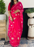 Pure Chiffon Fabric Rani Pink Charkhi Gota And Sachcha Gota Jaal Work Saree
