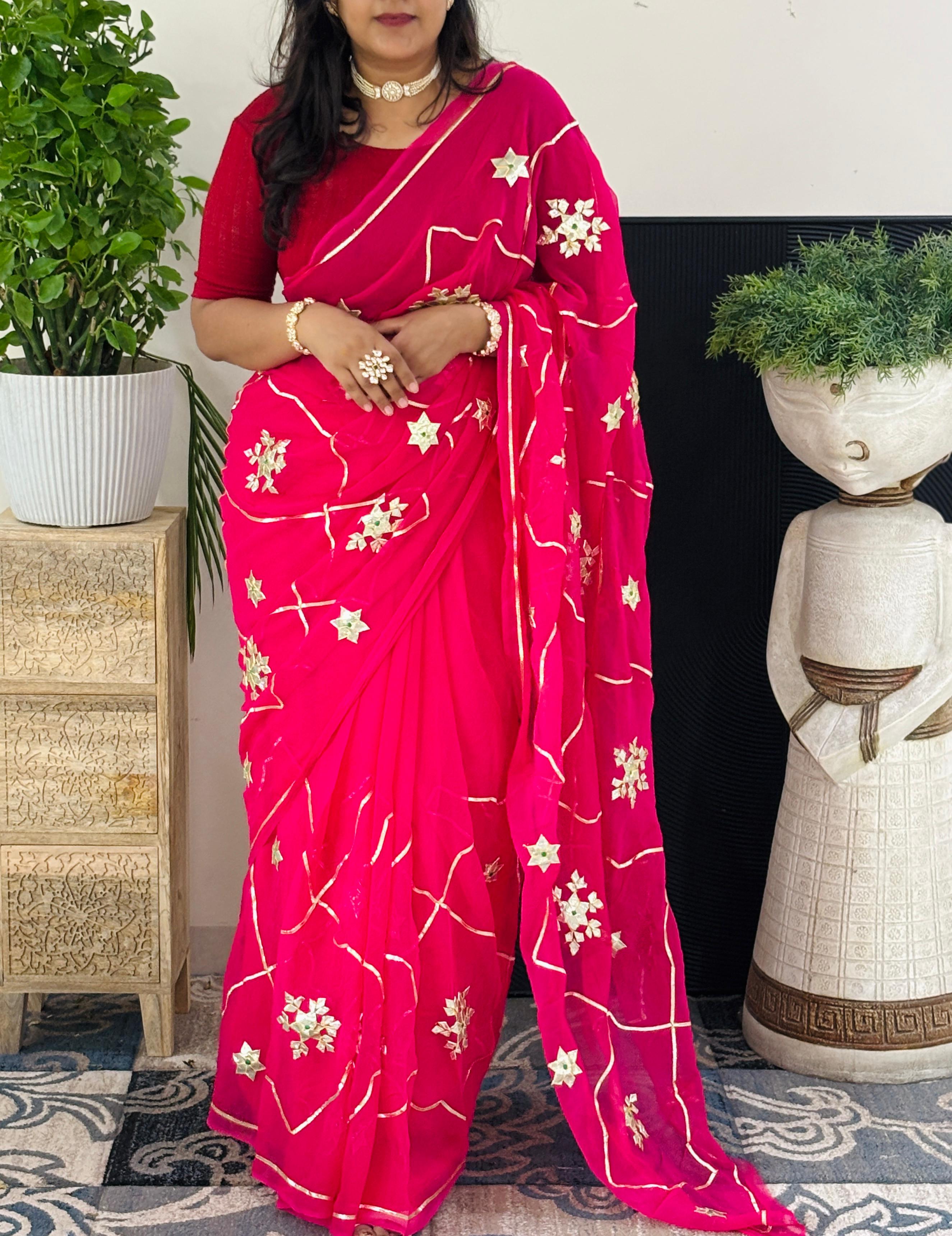 Pure Chiffon Fabric Rani Pink Charkhi Gota And Sachcha Gota Jaal Work Saree