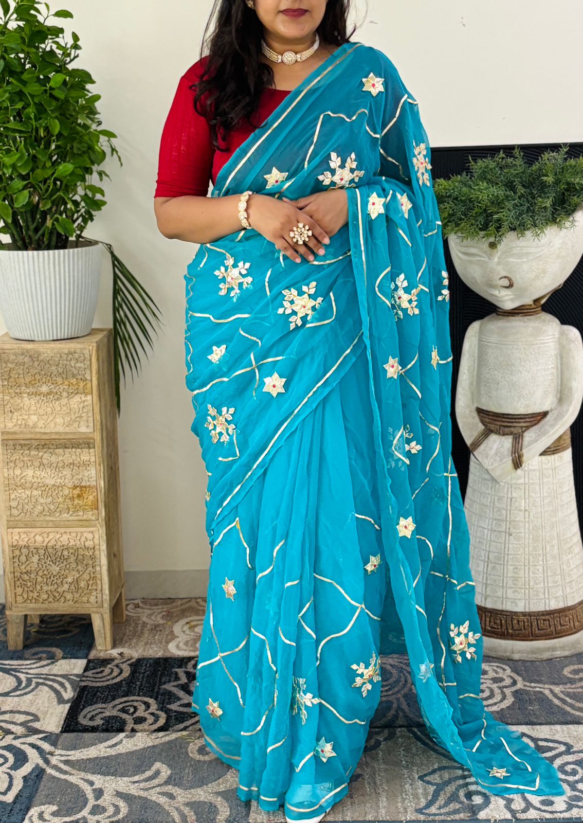 Pure Chiffon Fabric Firozi Colour Saree With Charkhi And Sachcha Gota Jaal work