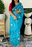 Pure Chiffon Fabric Firozi Colour Saree With Charkhi And Sachcha Gota Jaal work
