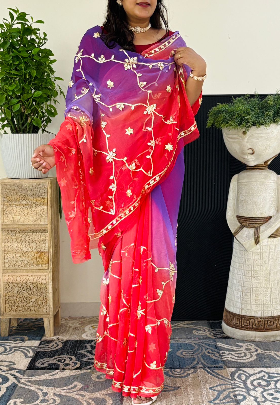 Pure Chiffon Fabric Saree With Charkhi And Sachcha Gota patti Handwork