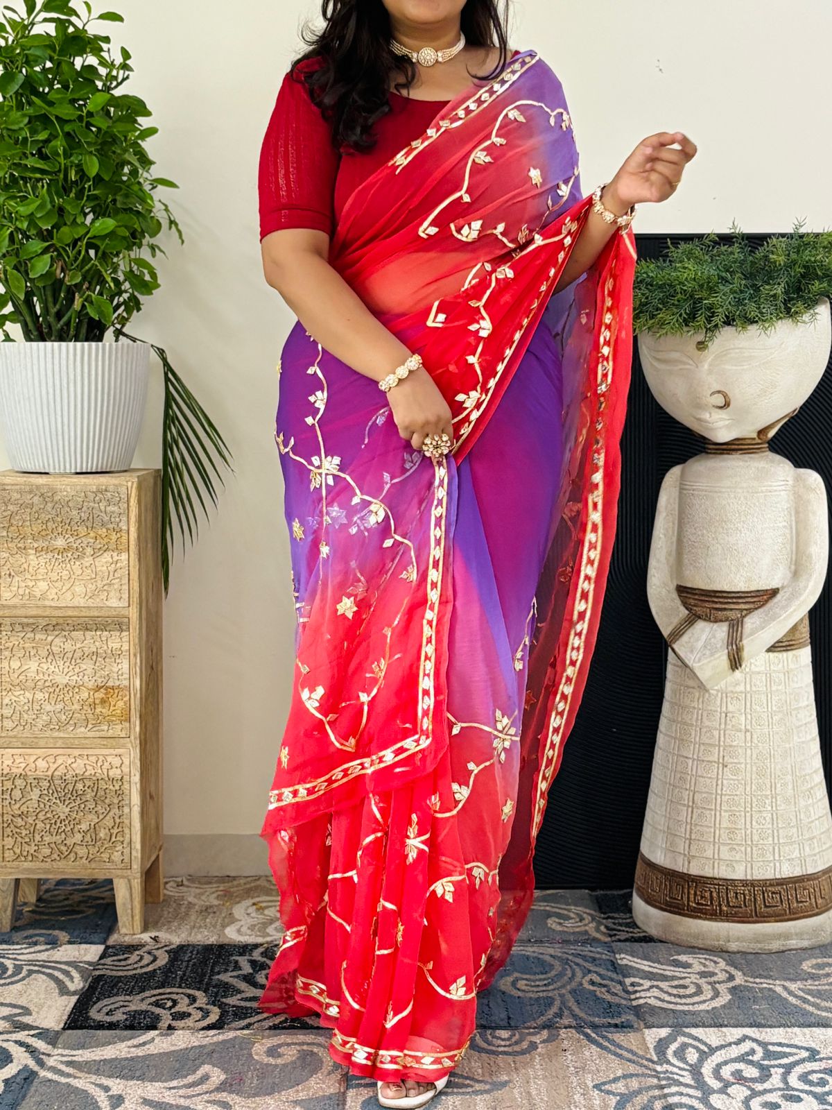 Pure Chiffon Fabric Saree With Charkhi And Sachcha Gota patti Handwork