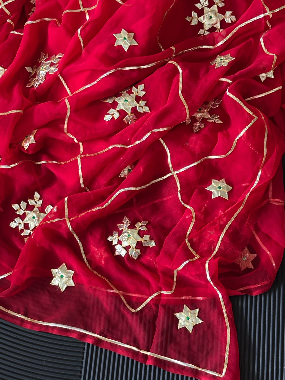 Pure Chiffon Fabric Saree With Charkhi And Sachcha Gota patti Handwork
