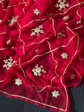 Pure Chiffon Fabric Saree With Charkhi And Sachcha Gota patti Handwork