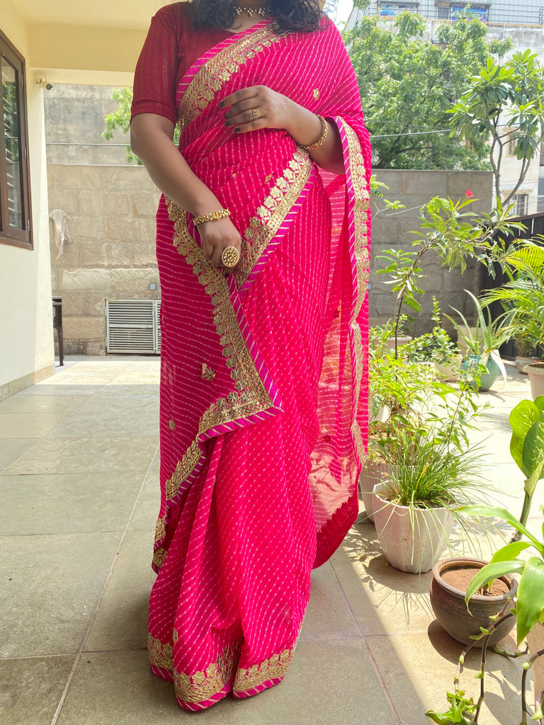Semi georgette Pink Color Mothda Saree with Gota patti Handwork – Mykaa ...