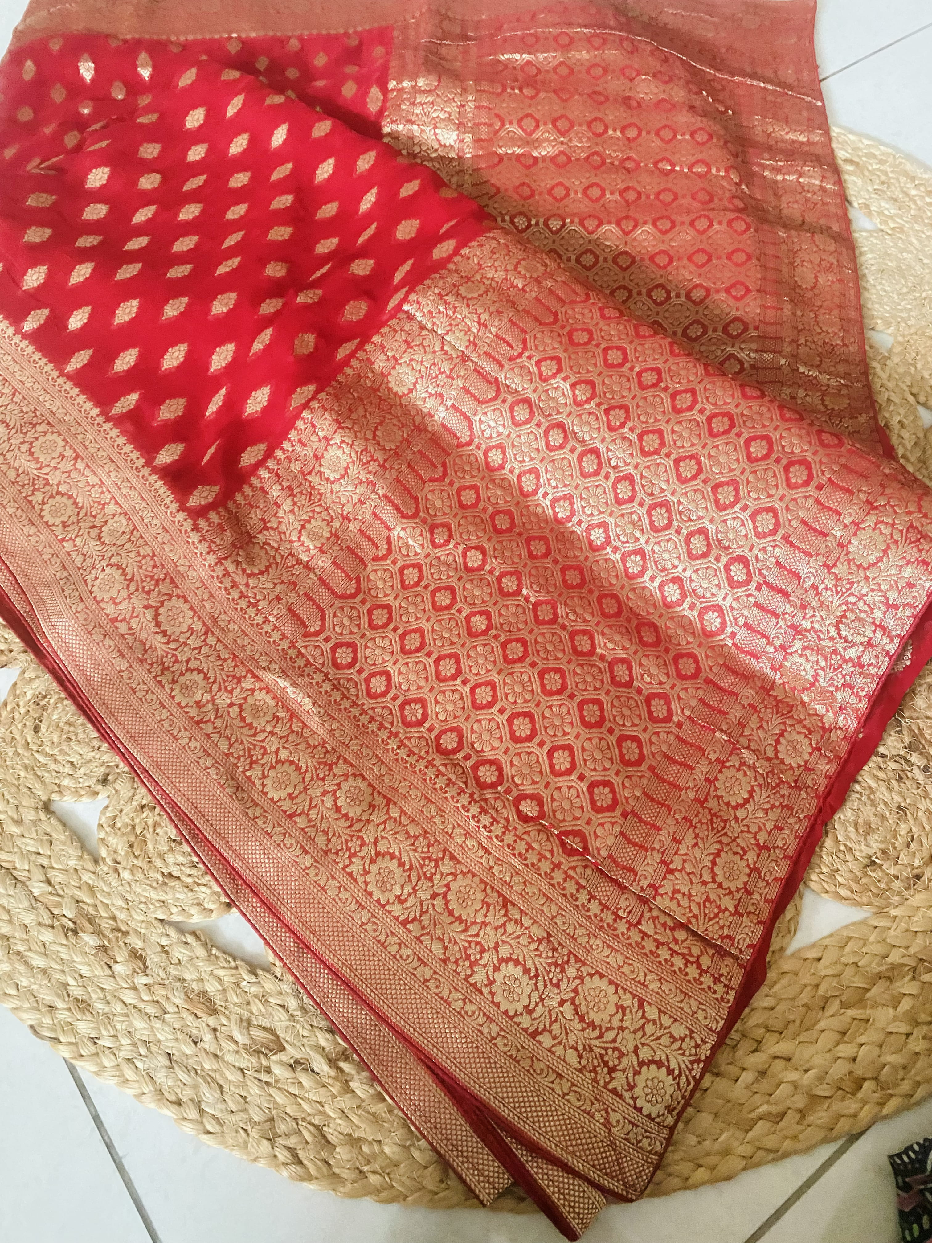 Red Georgette Saree with Banarasi zari Border