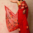 Soft Organza Fabric Red and golden roses Handpainted Saree