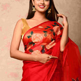 Soft Organza Fabric Red and golden roses Handpainted Saree