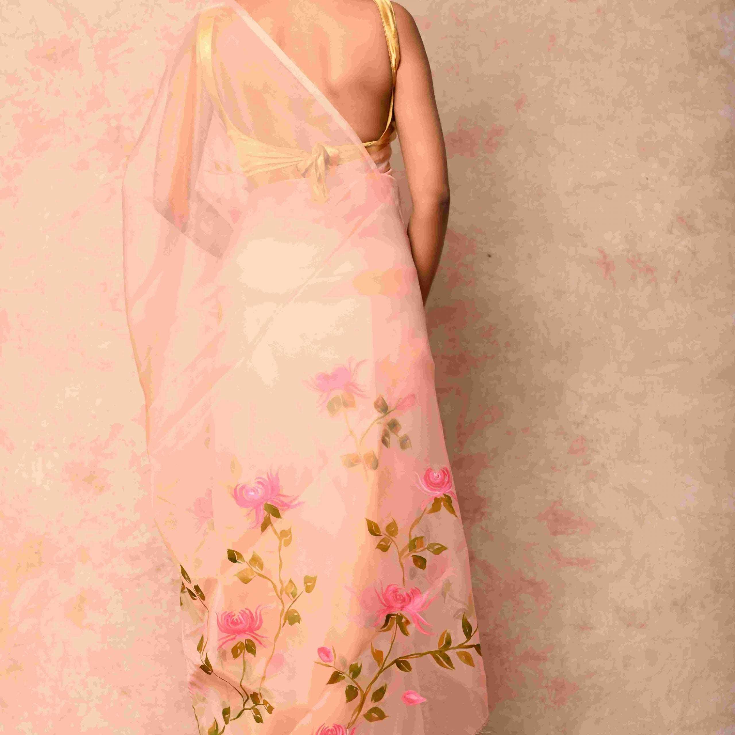 Soft Organza Fabric peach Handpainted Saree